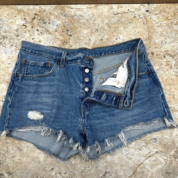 Levi’s Premium 501 High Rise Denim Cutoff Shorts W31 Distressed Frayed Hem Blue - Picture 3 of 12